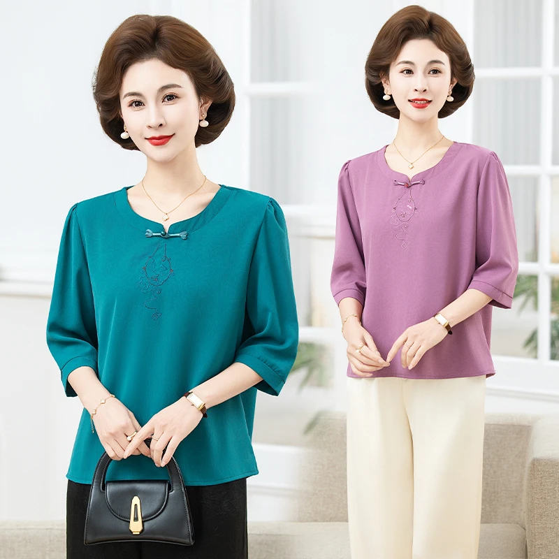 

Ele Embroidered Button-Tie Svel T-irt for Middle-Aged And ly Women Slimming Age-Defng Quali Top
