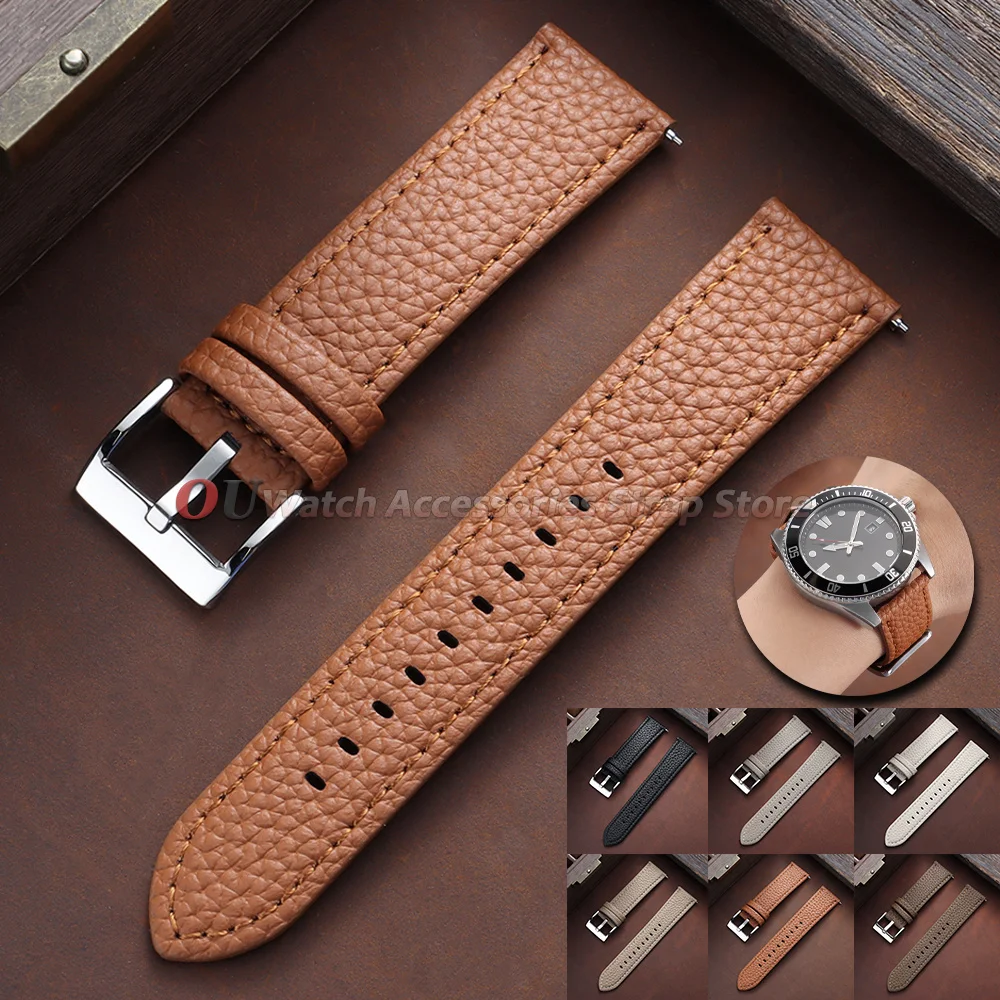 Bracelet de montre en cuir à motif litchi, 18mm, 20mm, 22mm, pour Omega, Seiko, à dégagement rapide, universel, pour hommes et femmes