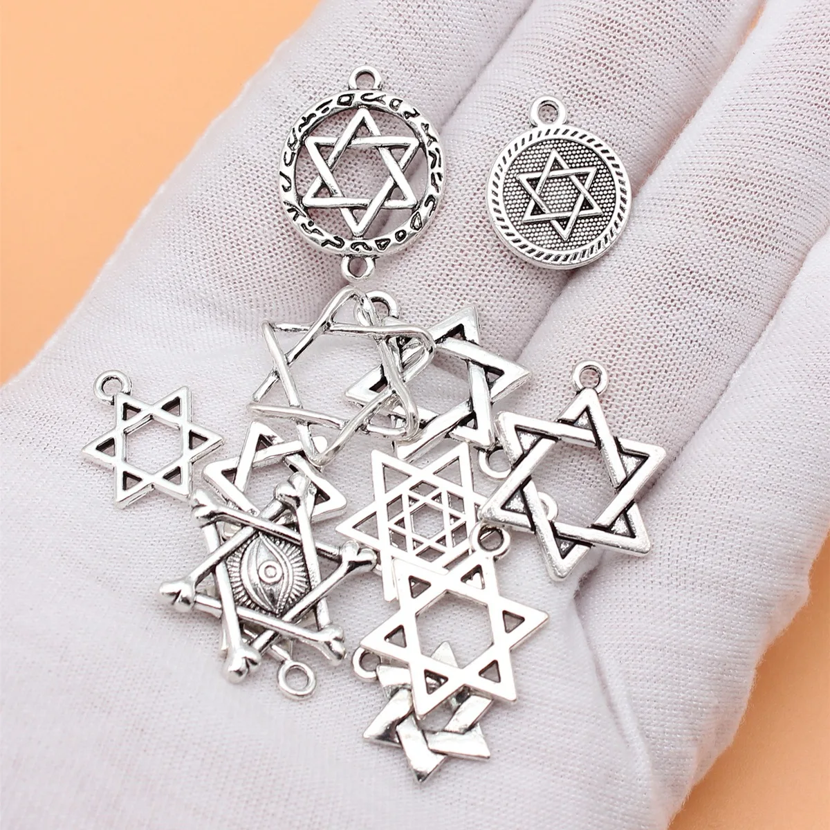 12pcs Antique Silver Color Star Of David Charms Collection For DIY Jewelry Making, 12 Styles, 1 of Each