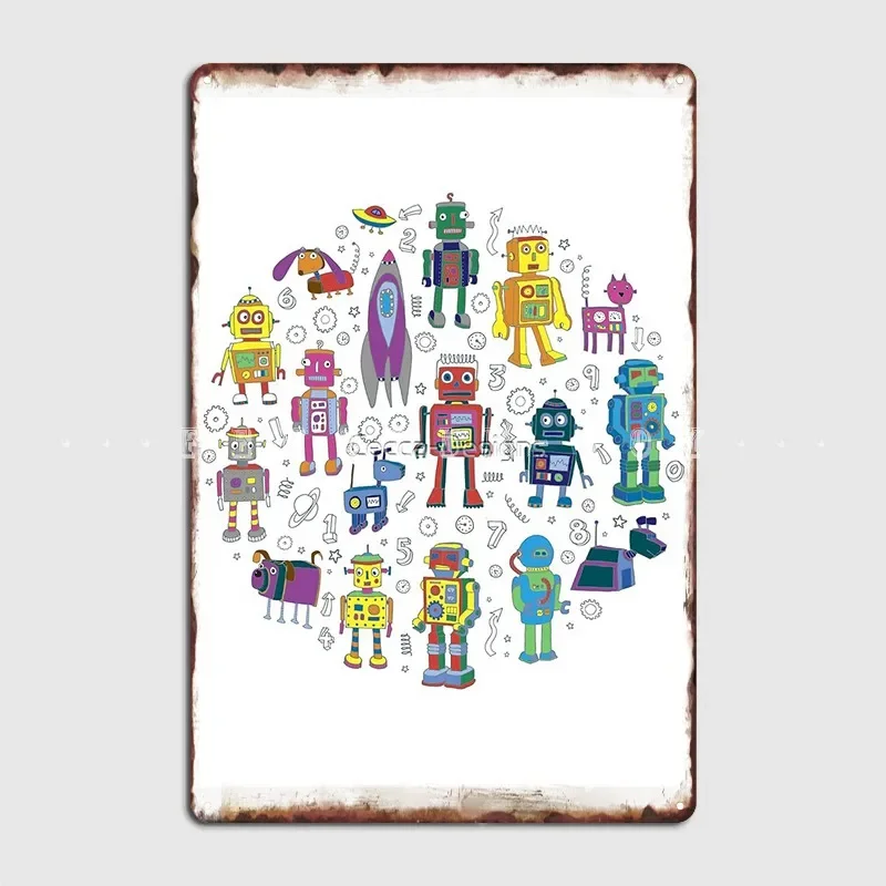 Robots In Space Gray Fun Robot Pattern By Cecca Designs Metal Sign Club Party Cinema Create Plaques Tin Sign Poster