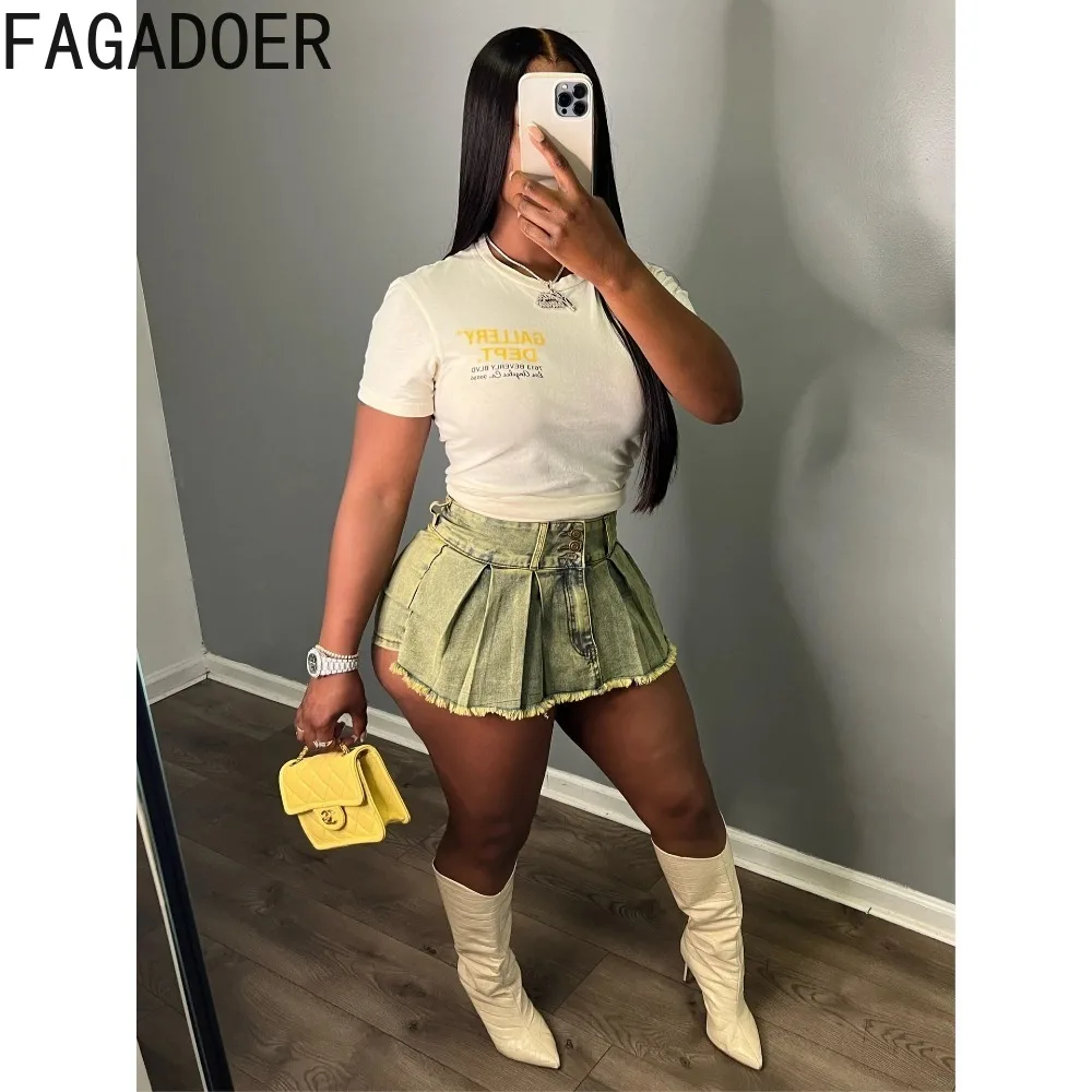 FAGADOER-Mini jupes en jean plissé pour femmes, taille haute, bouton, jupes courtes mignonnes, bas assortis rétro, mode Y2K, nouveau, été