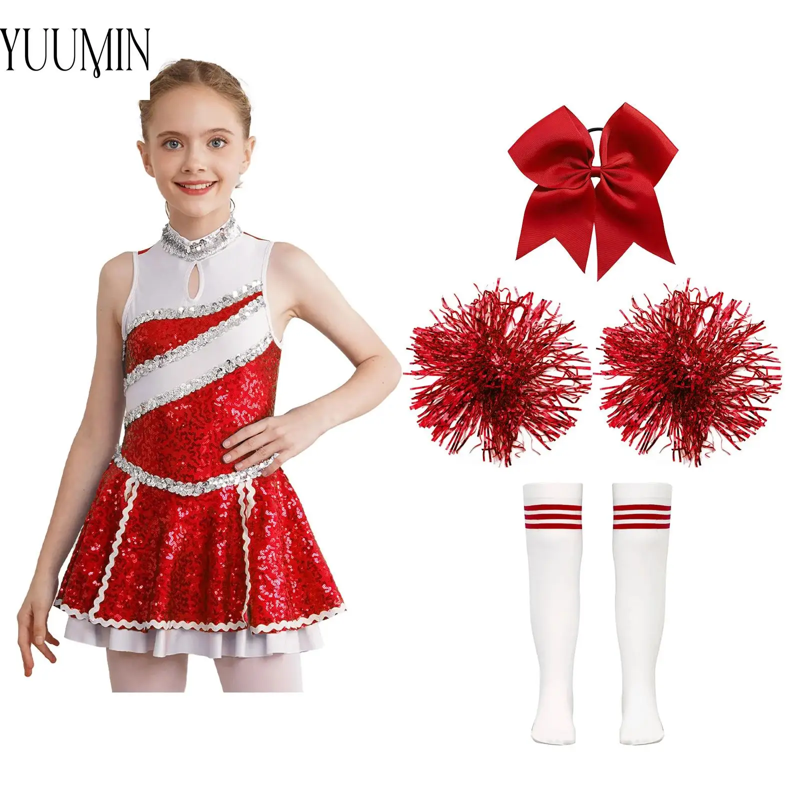 

4Pcs Girls Cheerleading Costume Cheerleader Outfit Sleeveless Zippered Tops with Pleated Skirt School Stage Performance Clothes