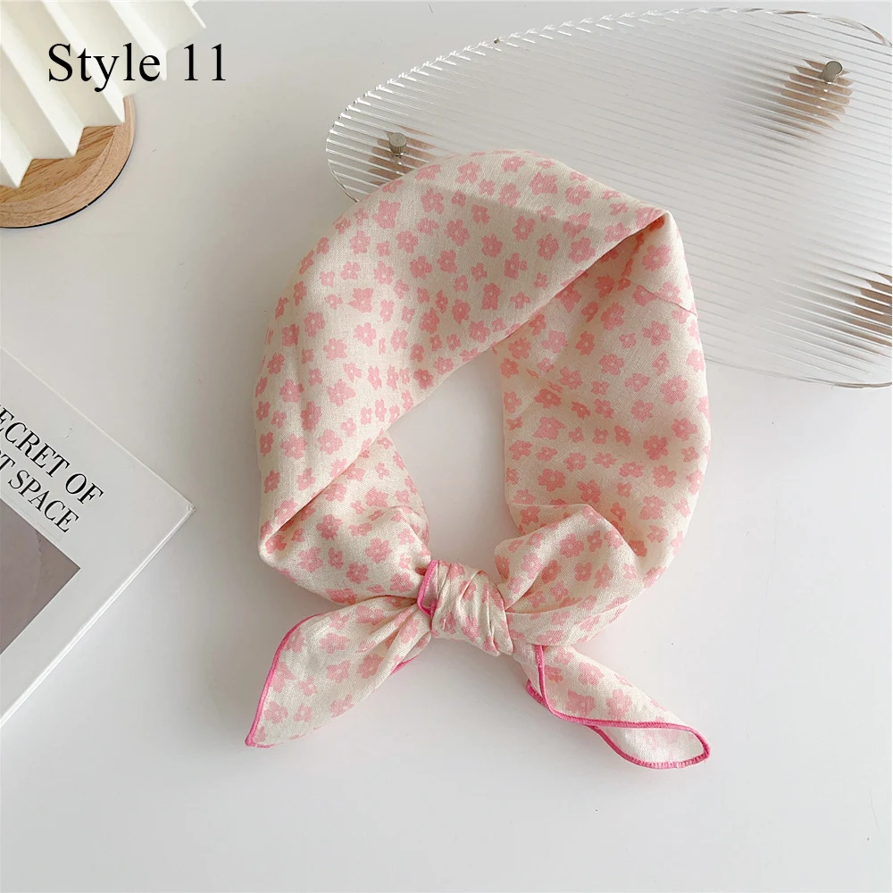 Korea Popular Small Square Scarf Floral Print Cotton Linen Scarf Bag Decorative Hijabs Shawl Bandana Headscarf Head Hair Scarves