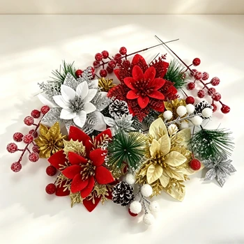 20/50pcs Christmas Decoration Artificial Flowers Xmas Poinsettia Pine Cone Berry Picks…