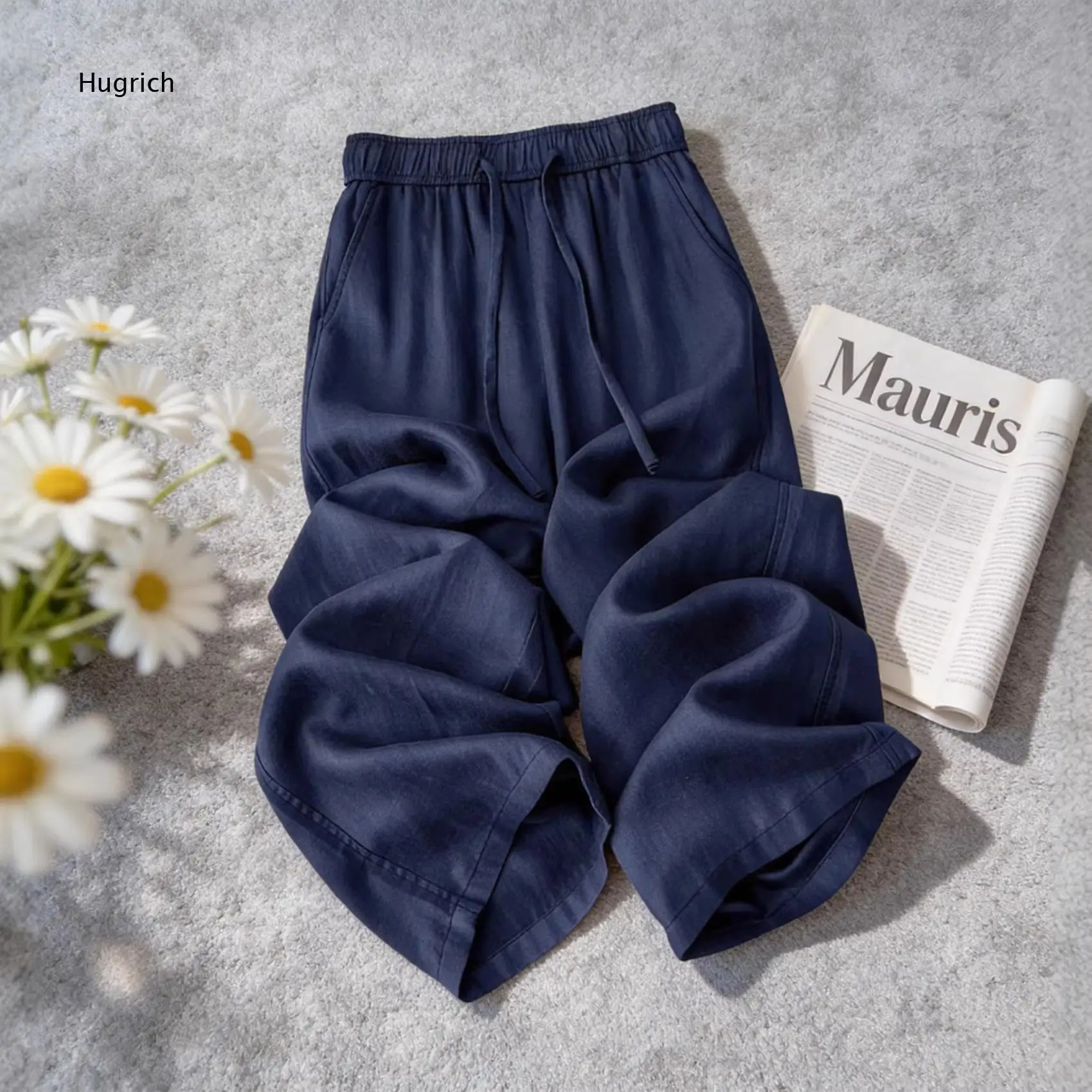Elastic Drawstring Waist Tencel Wide Leg Pants Side Pockets Soft Drape Loose Fit Full Length Casual Trousers