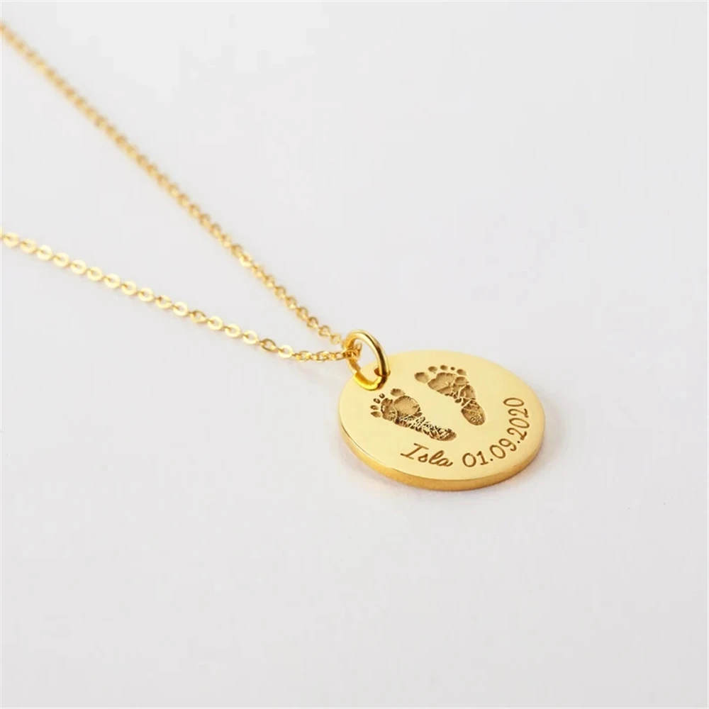 Custom Baby Birth Footprint Necklace Engraved Date Handprint Child Name Fingerprint Pendant Jewelry Gift for Mother