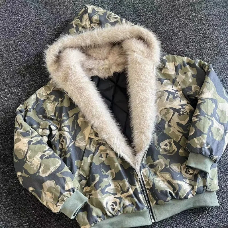 American Fashion New Camouflage Fur Collar Thick Velvet Jacket Y2K Punk Wind Rock Tide Brand Baggy Hooded Couple Sports Coats