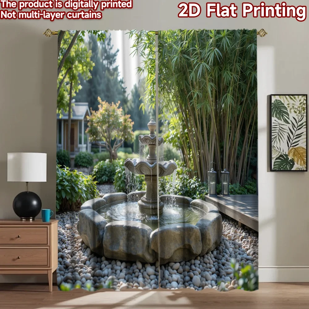 2D flat 2pcs Curtain Retro Country Style Stone Garden Fountain Durable polyester fiber Party & Holiday Decor Perfect for Holiday