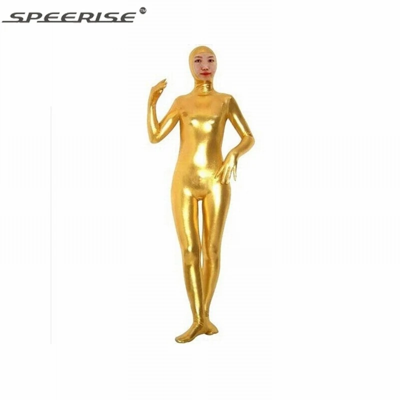 Erwachsener Spandex, glänzendes metallisches Gesicht, offener Zentai-Anzug, zweiter enger Ganzkörper-Catsuit, Herren-Zentai-Ganzanzug, Halloween-Kostüm