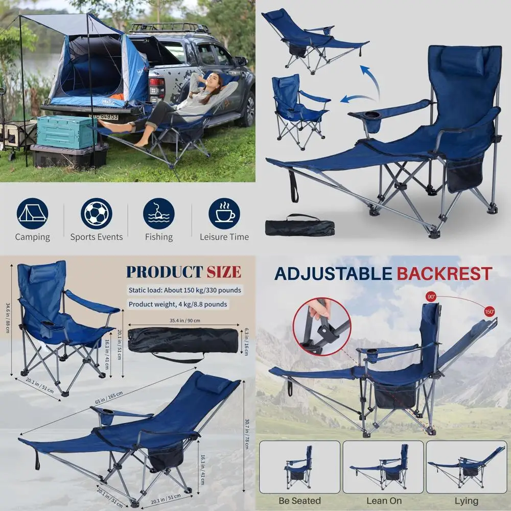 

Folding Reclining Camping Chairs Footrest: 3 in 1 Portable Beach Lounge Chair Tanning Chairs with Backpack Lay Flat Lawn Chair C