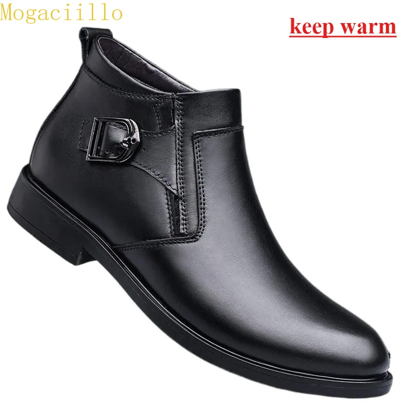 Trendy Men's Genuine Leather Casual Boots Buckle Decorated High Top Leather Boots Warm Winter Dress Shoes Business Formal Boots