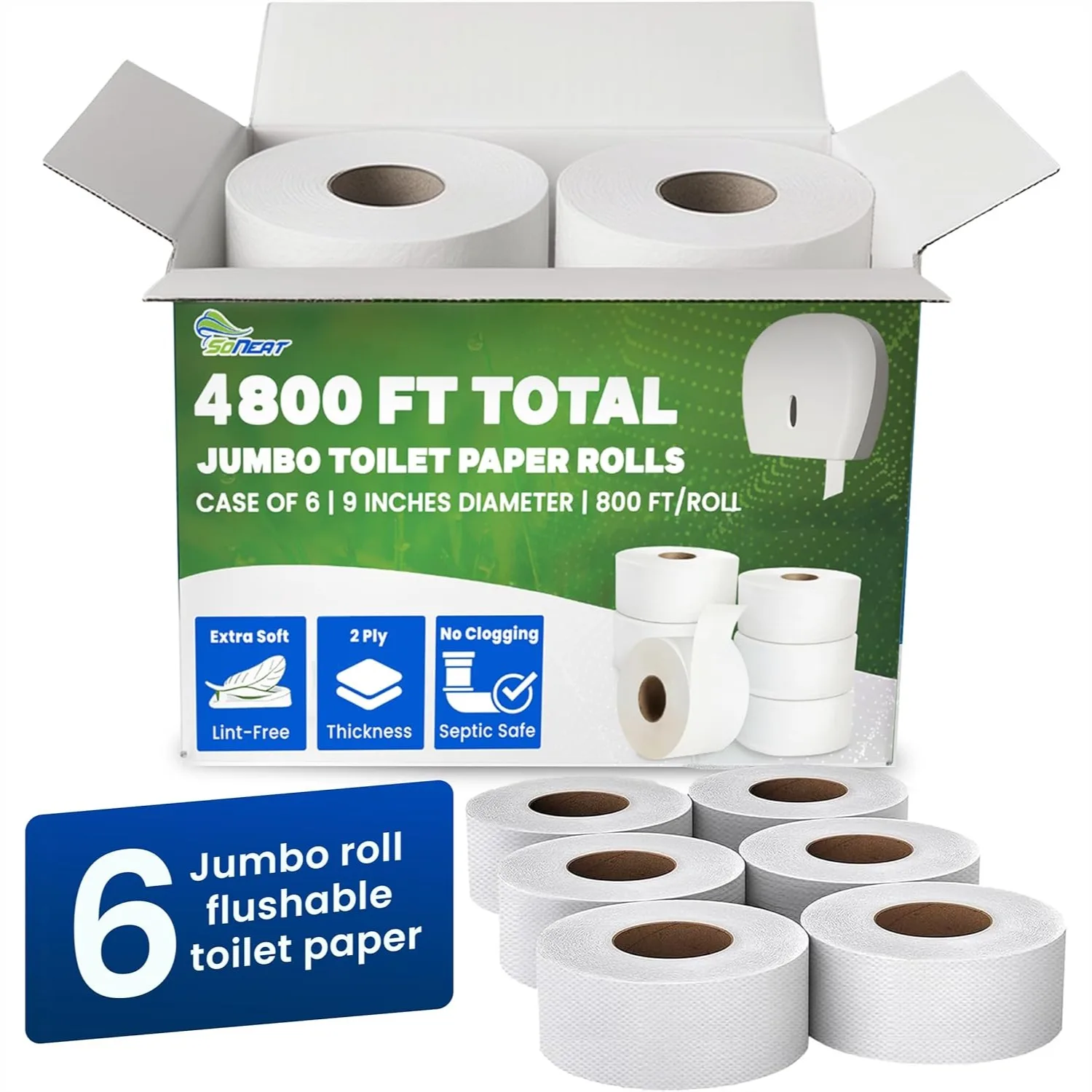 

Рулоны туалетной бумаги Jumbo - 4,800 футов, промышленные, 2-слойные, оптом, для стандартных диспенсеров, мягкие и впитывающие, для ванных комнат