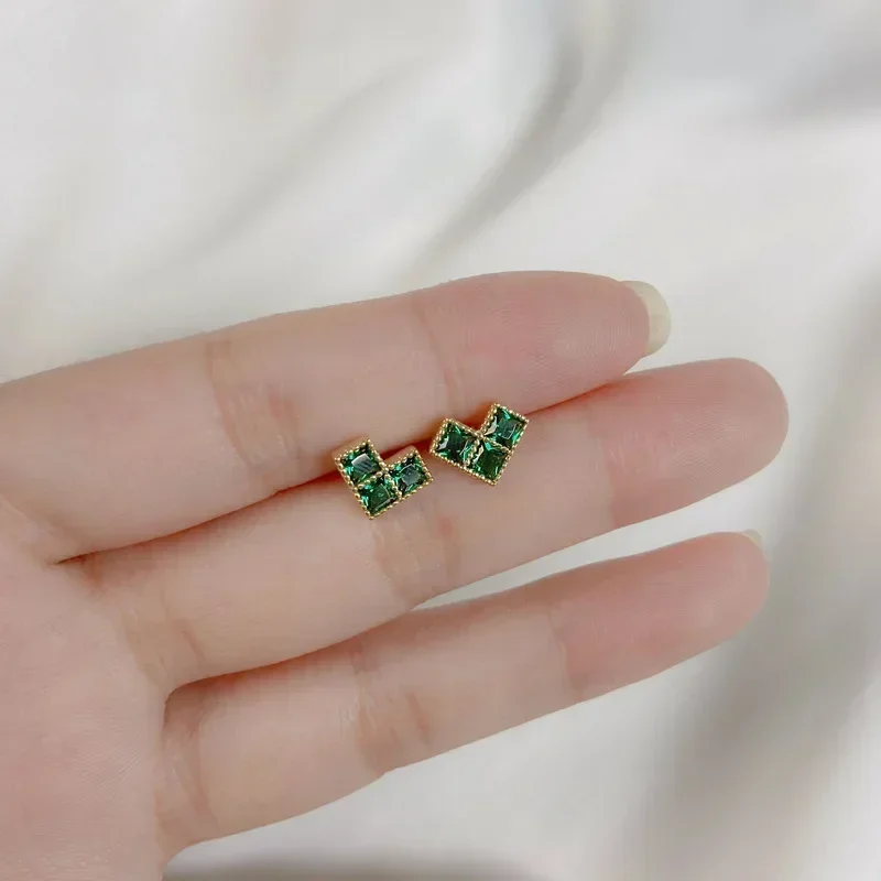 S925 sterling silver plated 14k gold heart-shaped grandmother green stud earrings female geometric square diamond temperament