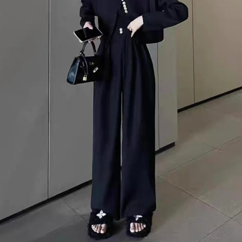 Woman's Spring Chinese Style Buckle Blazers Wide-leg Pant Suit Retro Casual Round Neck Suit Coat Wide-leg Pants Two-piece Sets