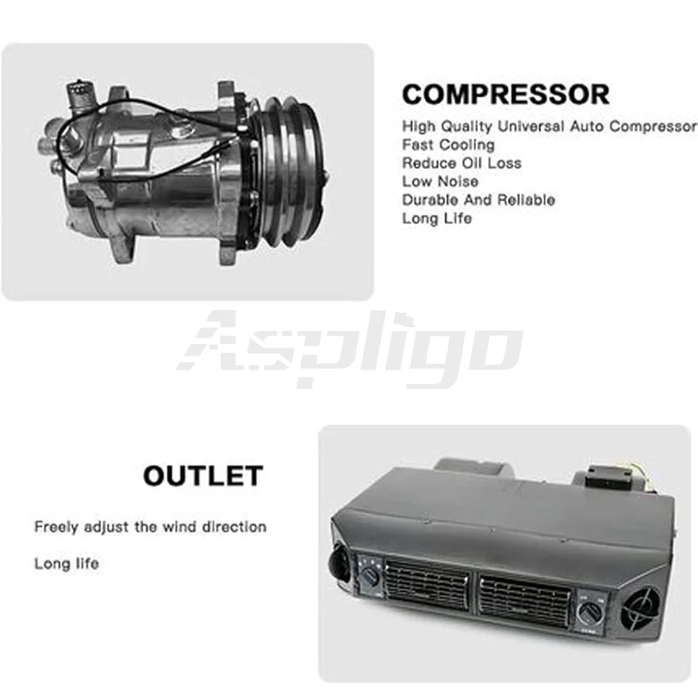 Aspligo 2024 New Car Universal Air Conditioner 12V/24V Automotive AC Under Dash Compressor Assembly Unit Air Conditioning System