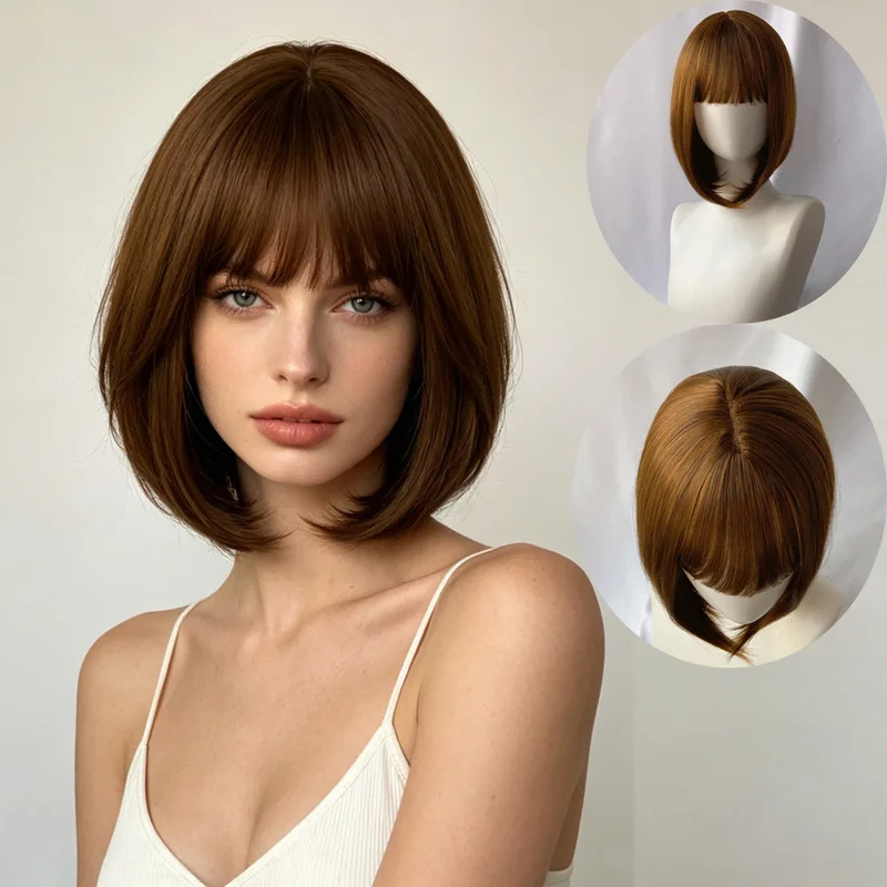 Fashionable Bangs Short Hair Women'S Wig Personalized Outdoor Travel Simulation High Temperature Wire Head-Wearing Synthetic Wig