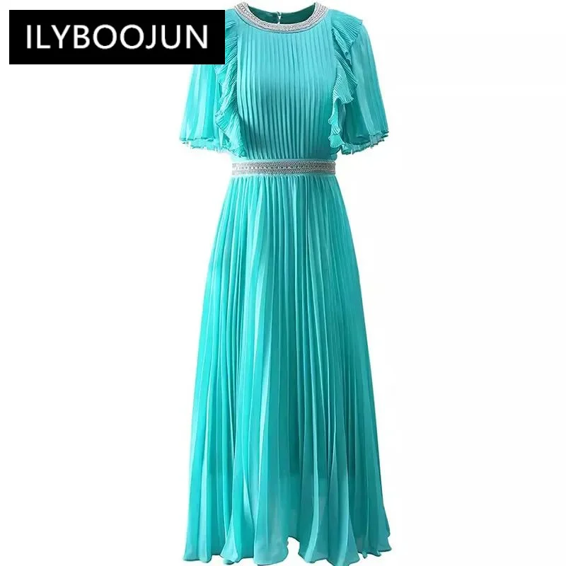 

ILYBOOJUN Women's Streetwear Pleated Dress Summer Short Sleeved Beading Flounced Edge Elegant Gorgeous Folds Dresses