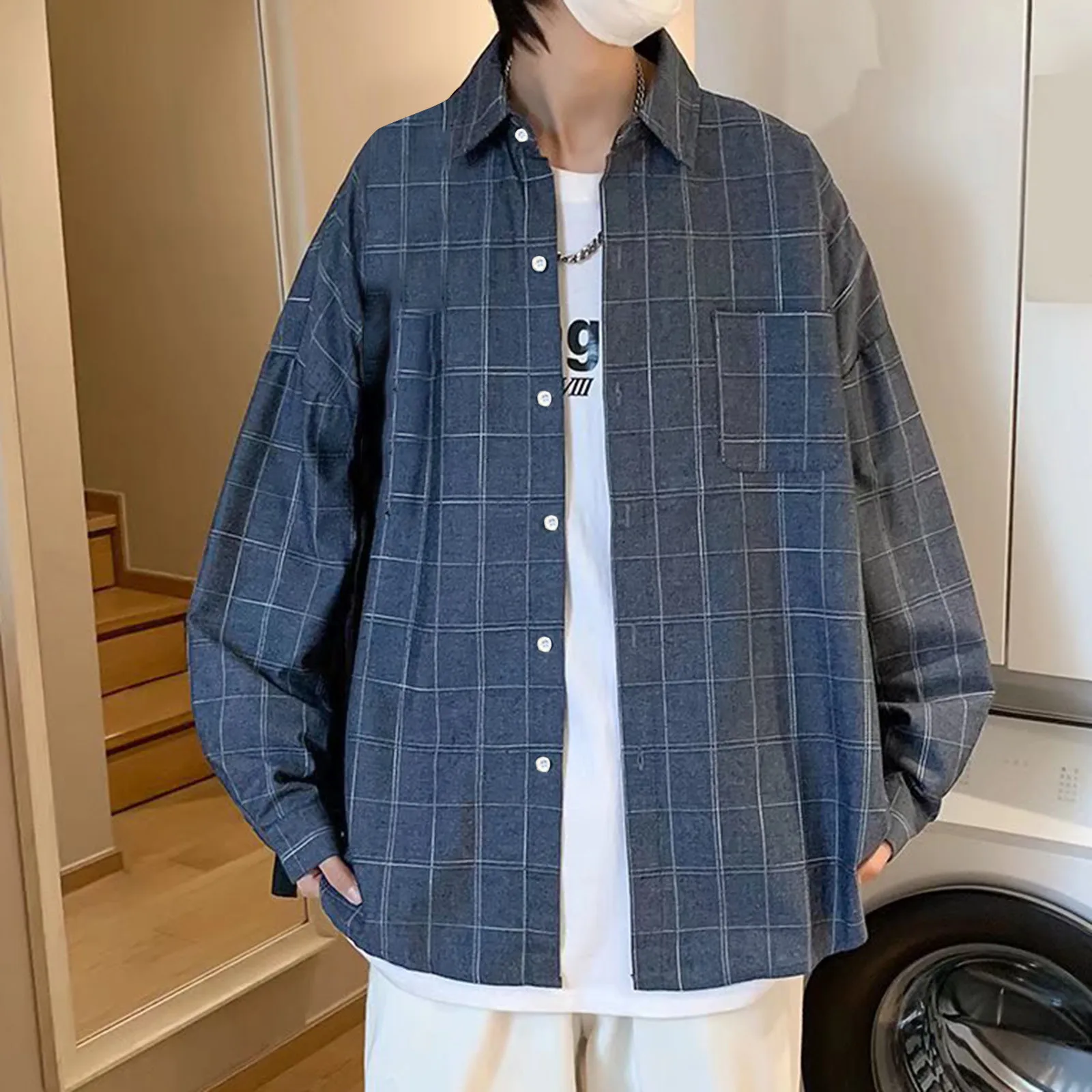 

Korean Plaid Printed Shirts Men Long Sleeve Autumn Winter Top Blouse Oversize Athletic Overcoat Male White Spring Cardigan