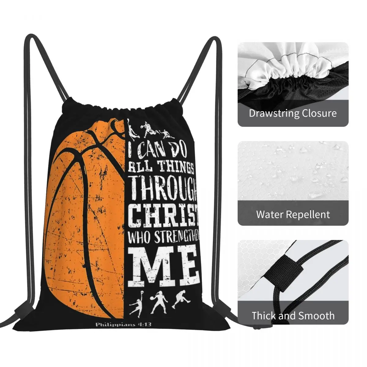 Drawstring Bundle Pocket Sports Bag, Christian Basketball Eu posso fazer todas as coisas através de Cristo Mochilas, Livro