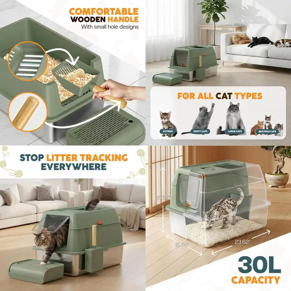 

Large Steel Cat Litter Box Enclosure with Scoop - Durable Black Metal for Big Cats, High Sides, Leak-Proof, Odor-Resistant, Non-