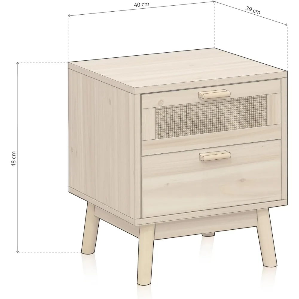 Mesilla Noche 2 Cajones، Estilo Natural Pino Y Ratan، Compacta 40x39x48 سم #3