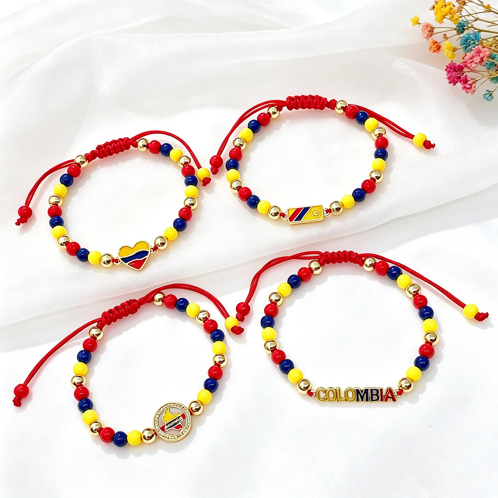 Lucky Red Cord-Braided Venezuela Colombia Flag Bracelet Adjustable Beaded Patriotic Gold Plated Enamel Jewelry for Men Women