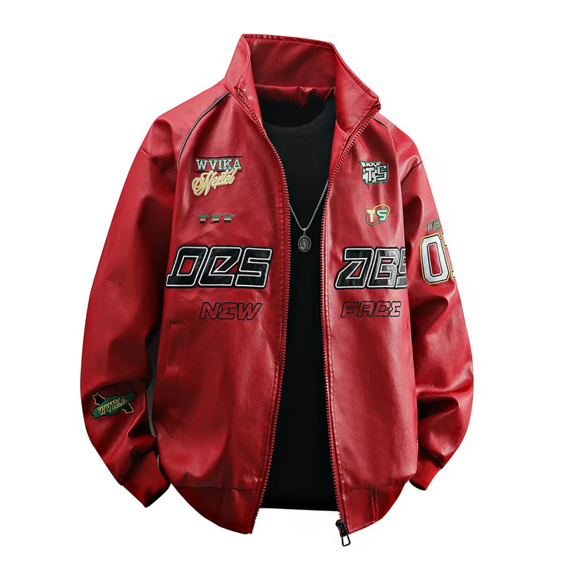 Men Leather Jacket Spring Autumn High Street Letter Printed Stand Collar Jacket Men Motorcycle Long Sleeve Outerwear Coat Men