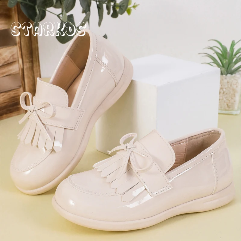 

Patent Leather Bow Loafers Kids Girls Classic Tassel School Shoes Children Versatile Casual Black White Slip-on Flat Zapatos