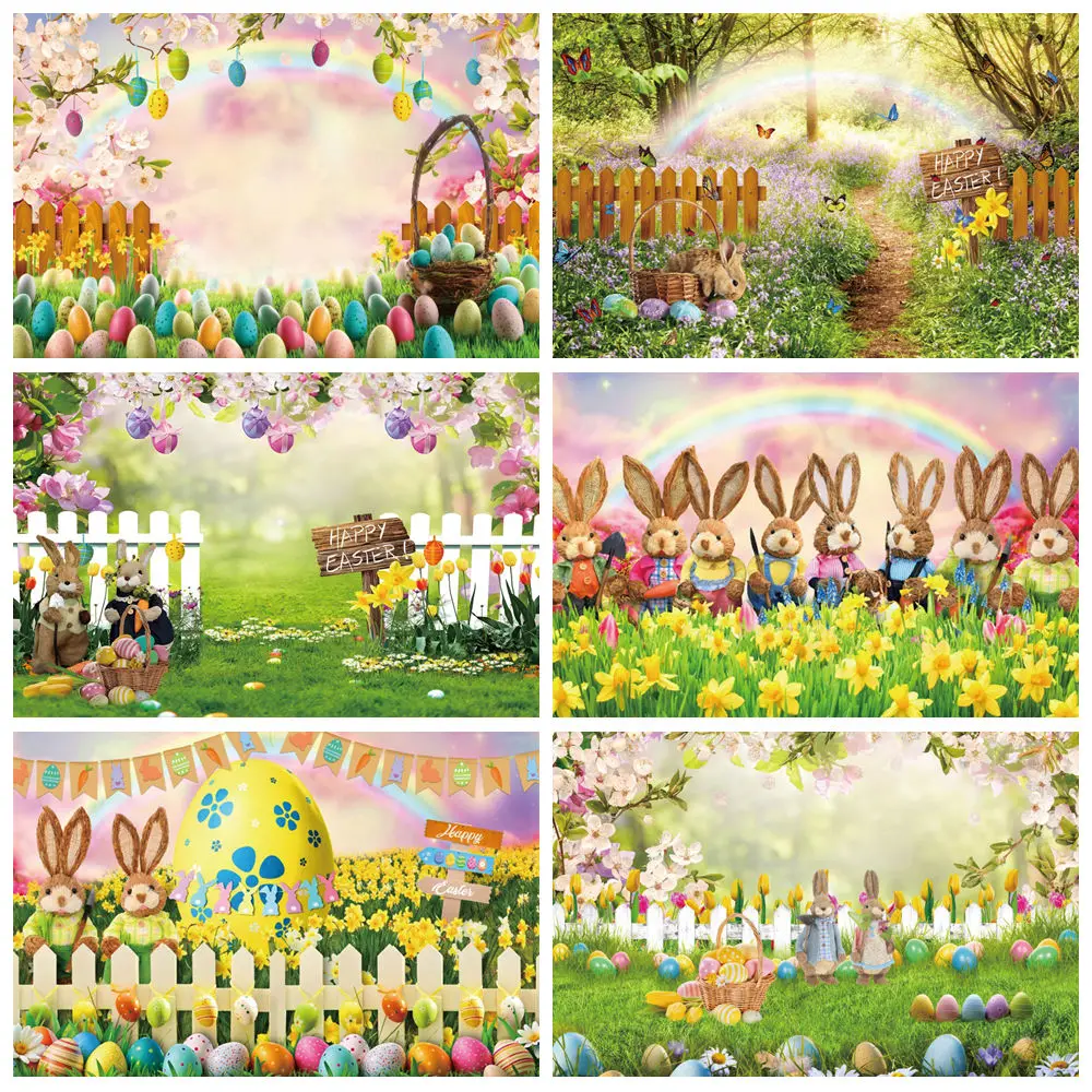 

Spring Easter Backdrops For Photography Flowers Grass Colorful Eggs Rabbits Wood Door Kids Baby Portrait Photo Background Decor