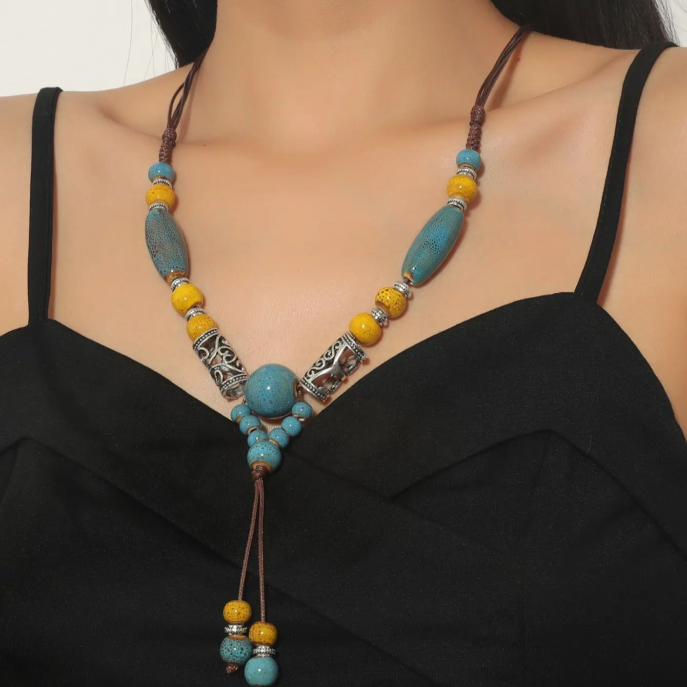 

1 simple temperament beaded ceramic necklace lady exaggerated tassel necklace holiday seaside casual necklace
