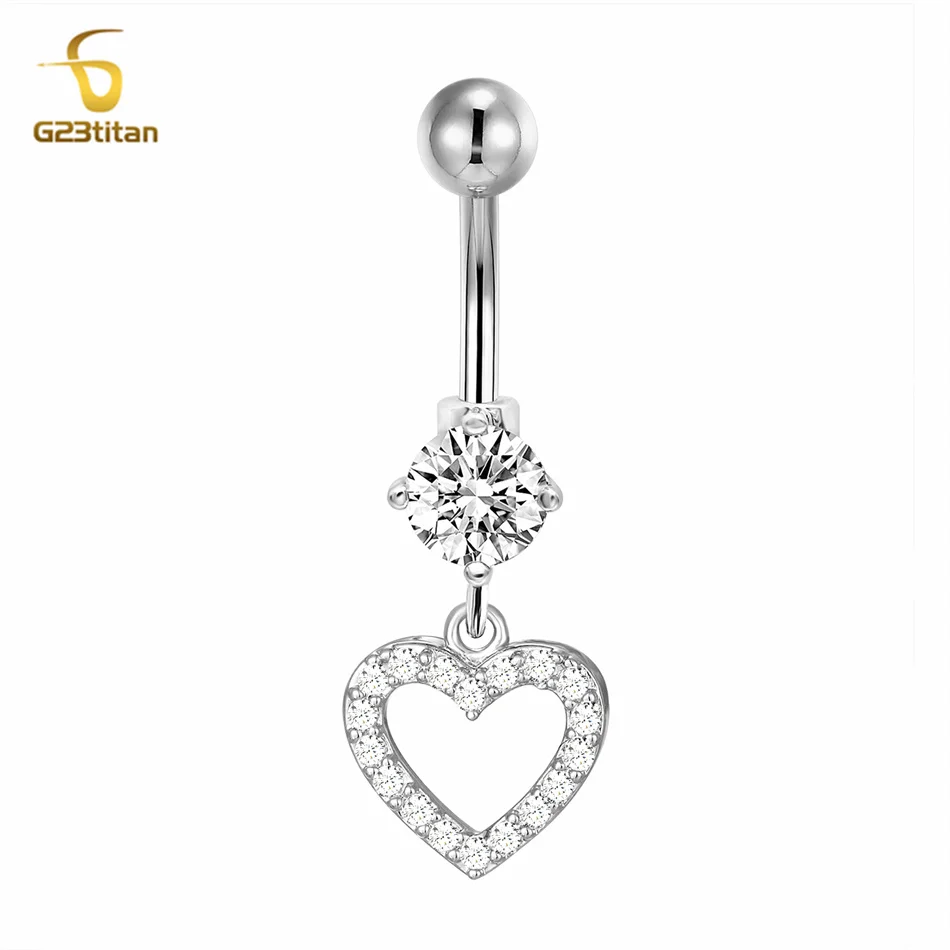 G23titan Crystal Heart Dangle Belly Ring 14G Surgical Titanium Nombril Ombligo Navel Piercing Bar Sexy Women Body Accessories