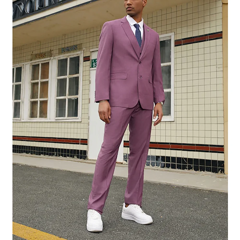 

Purple Single Breasted Peaked Lapel Slim Men Suits 3 pieces (Jacket+Pants+Vest) Wedding Evening Party Sets Formal Occasions Set