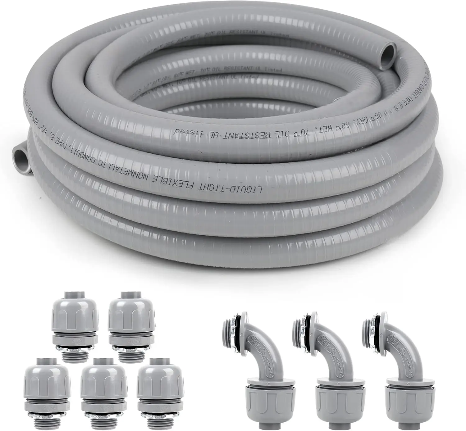 1/2inch 100ft Liquid-Tight Conduit and Connector Kit,Flexible Non Metallic Liquid Tight Electrical Conduit Kit with 5 Straight