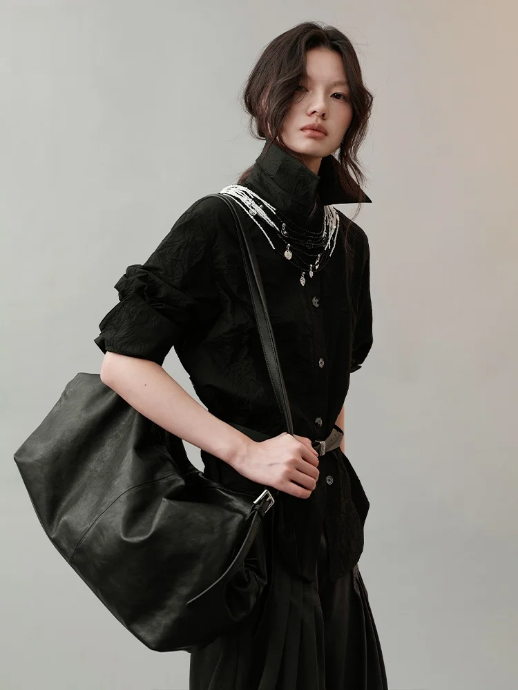 

Genesis【k Pattern Reconstruction】2025 High End Casual Cotton Polyester Women's irt with Bird Button Asymmetrical Pleating