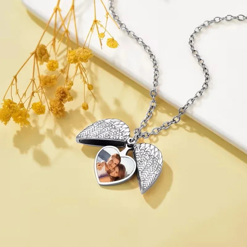 Custom Photo Heart Locket Necklace Personalized Picture Angel Wings Locket Necklace Customized Text Name Men Momen Jewelry Gifts view 3