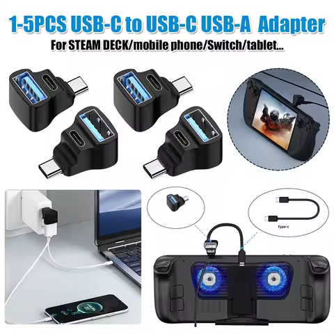1 To 2 USB-C To USB-C USB-A Adapter 20Gbps USB-C Male To USB-C USB-A Female Adapter 180 Degree U-shaped for STEAM DECK/Switch