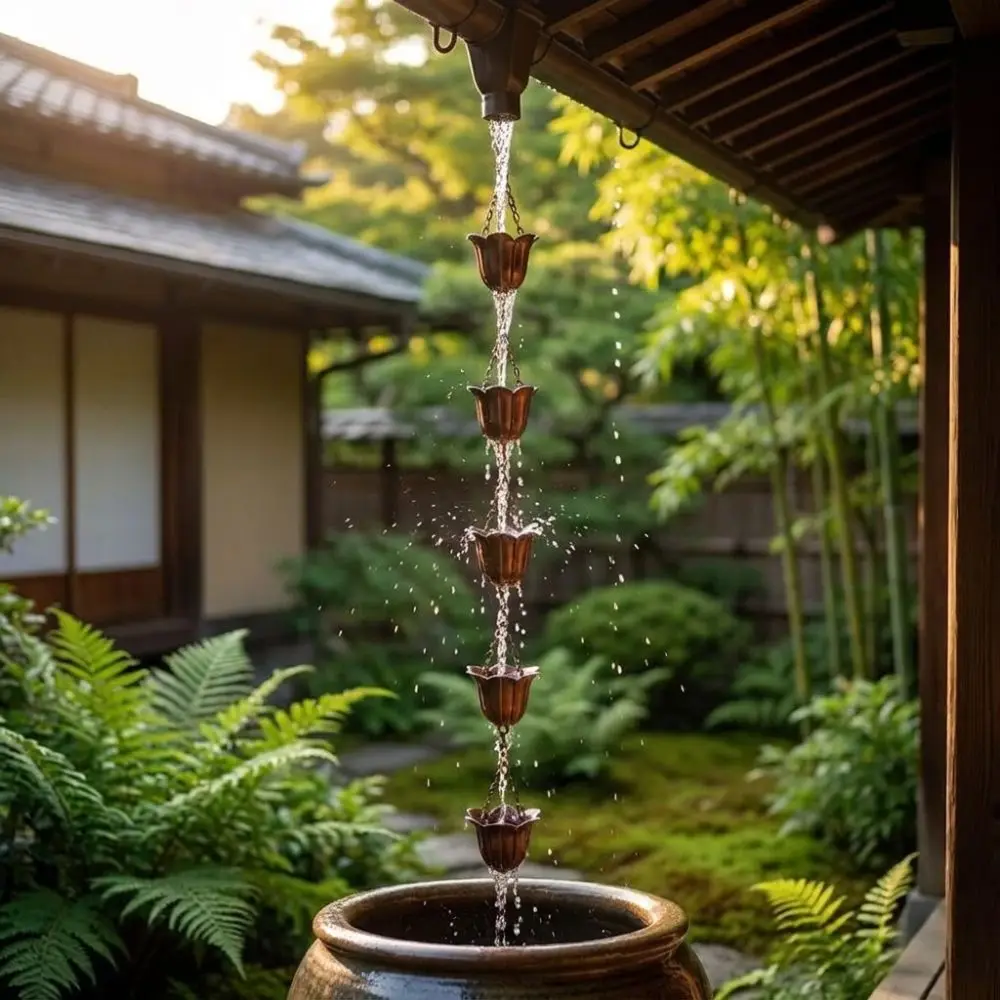 Japanese Style Metal Tulip Rain Chain Hanging 7 Cups Water Drainage Chain Iron Art Flower-shaped Rainwater Diverter Chain