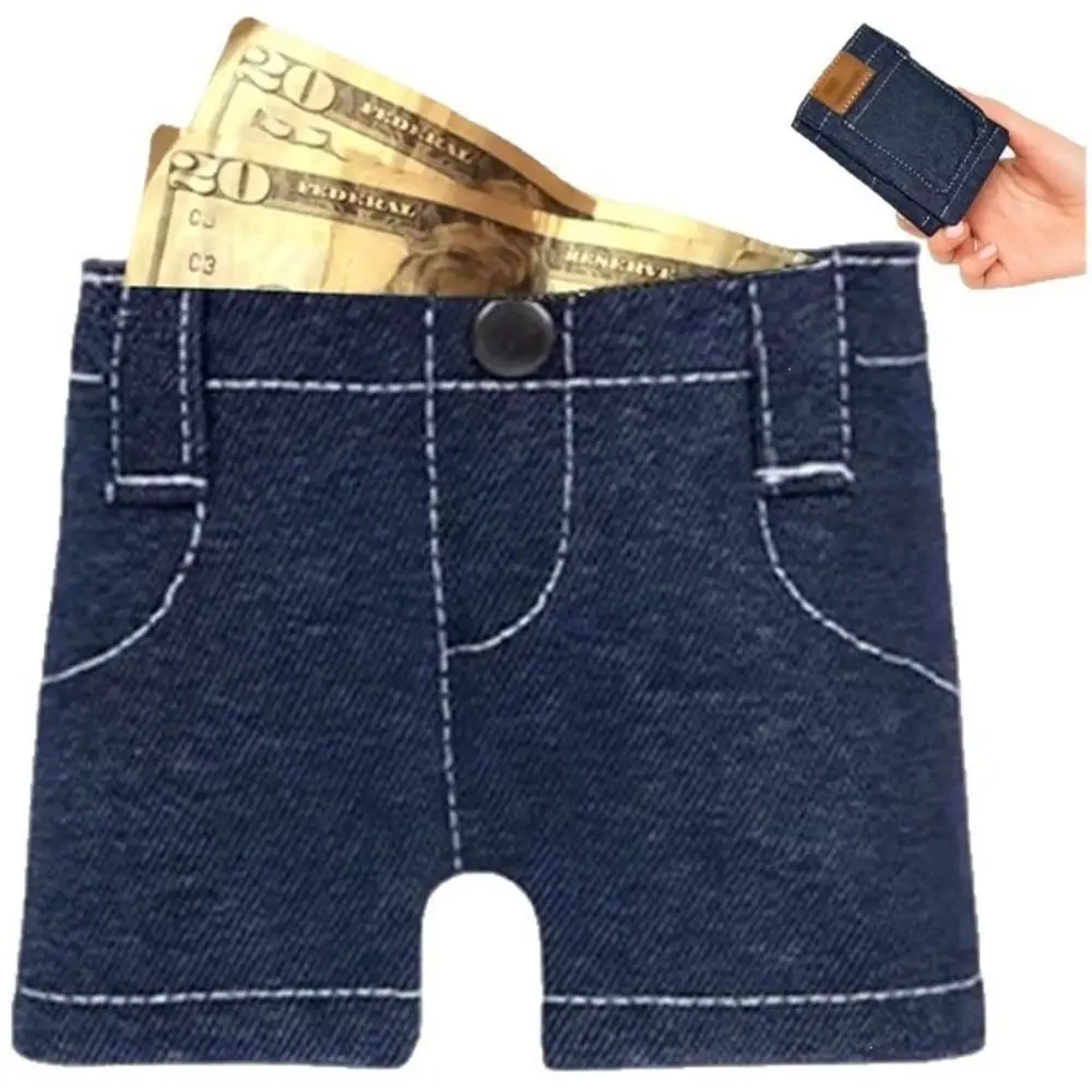 Durable Foldable Denim Shorts Wallet Denim Compact Jeans Shaped Wallet Snap Button Mini Coin Purse Coin Storage
