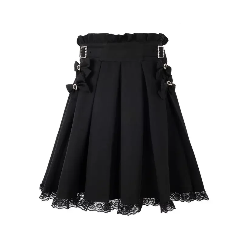 NONSAR Japanese Subculture Gothic Black Pleated Skirts Women Bow Lace A-line High Waist Mini Skirt Female Streetwear Y2K Skirt