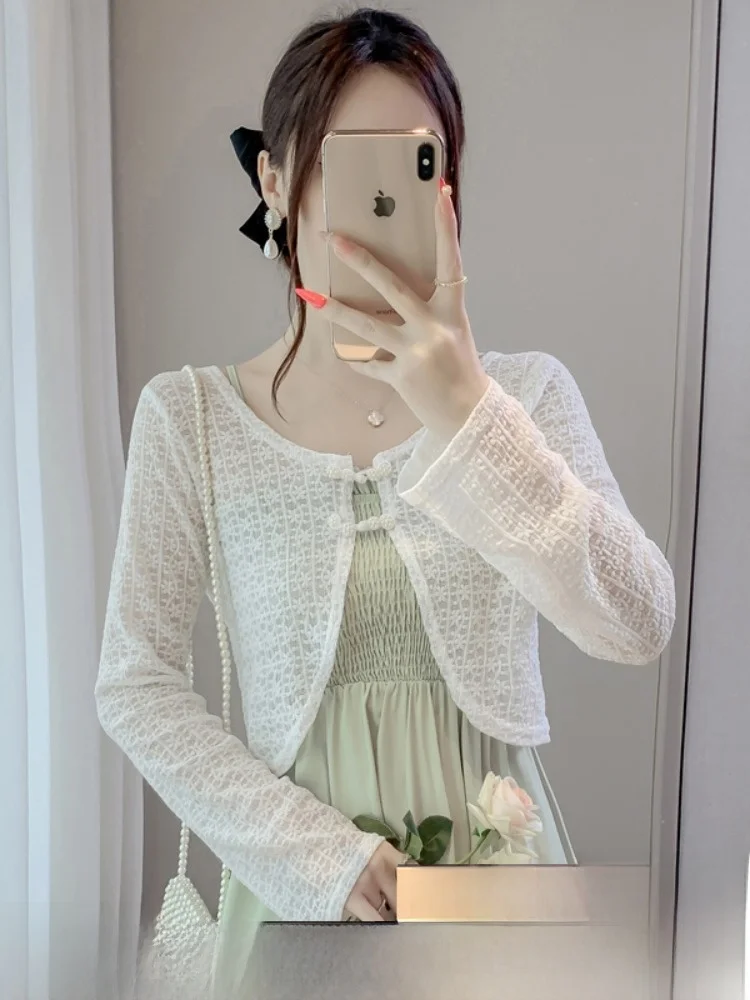 

New Chinese Style Women's Lace Shoulder Wrap Short Sleeve Sun Protection Open Cardigan Outerwear Summer Fashion Sweet Style