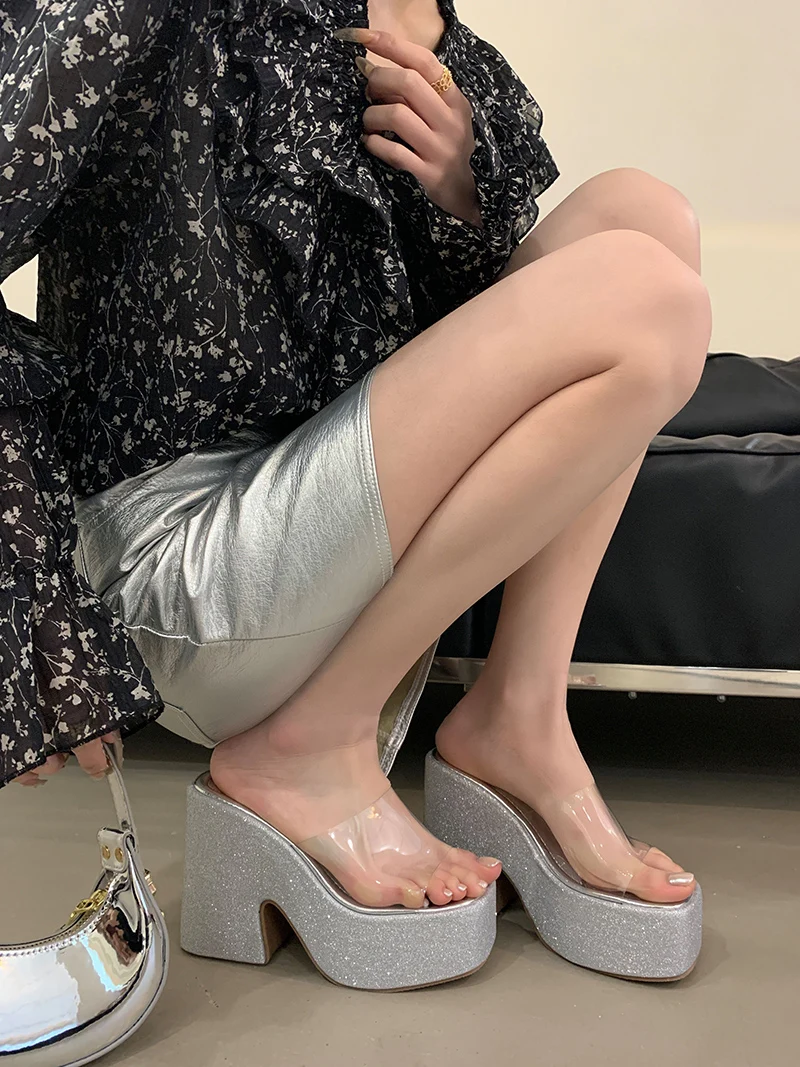 Pink Platform Heels Slippers 12cm Chunky Heeled Sandals For Woman PVC Clear Block Shoes Silver Summer Sandals Ladies Sandales