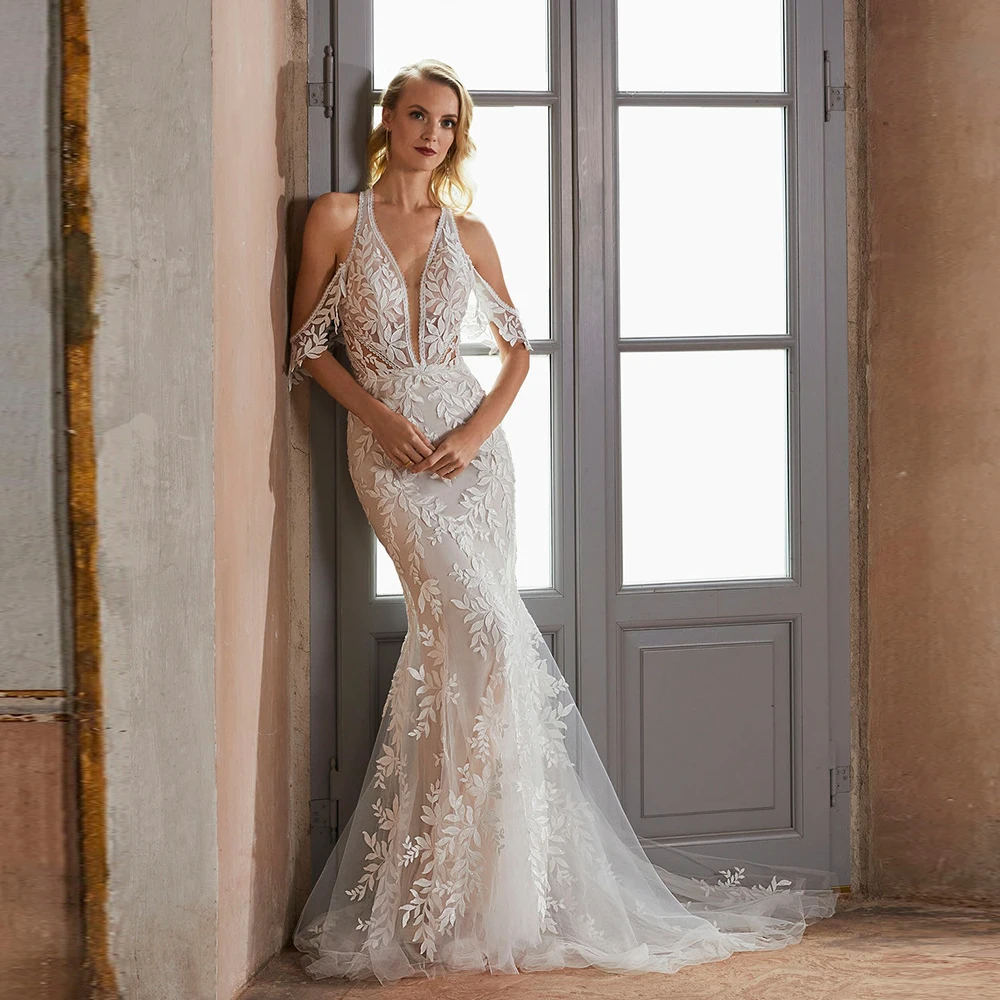 

Customized Off The Shoulder Wedding Dress V Neck Bridal Dress Charming Flower Applique Backless Mermaid Bridal Gown Vestidos De