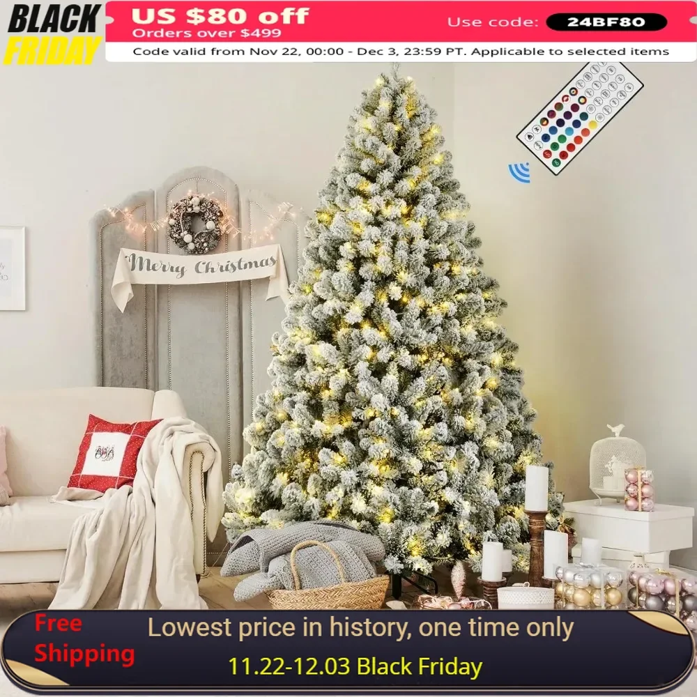 7.5ft Prelit Snow Flocked Artificial Holiday Christmas Tree with Remote (Upgraded), 470 RGB Lights, Full Snow Branch Tips