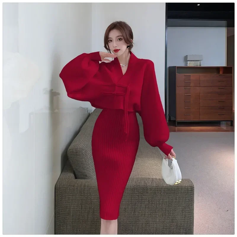 Fall Winter Fashion Knitted 2 Pieces Sets Black Red V Neck Pencil Sling Dress&Long Lantern Sleeve Short Cardigan 2pc Skirt Suits