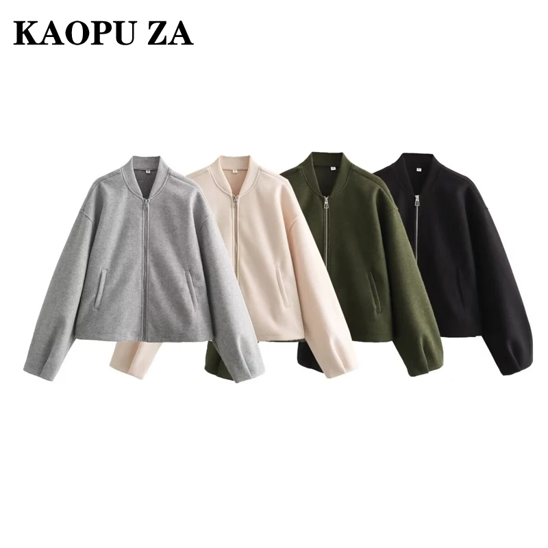 KAOPU ZA 2024 New Autumn Winter Ladies Casual Solid Jacket Women Pleated Zipper O-Neck Fashion Streetwear Elegant Outerwear