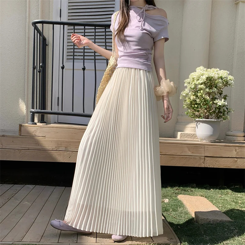 Elegant Long A-Line Skirt with Elastic Waist Midi Skirt Women's High Waist Wide Hem Chiffon Pleated Skirt Qipao Inner Dress