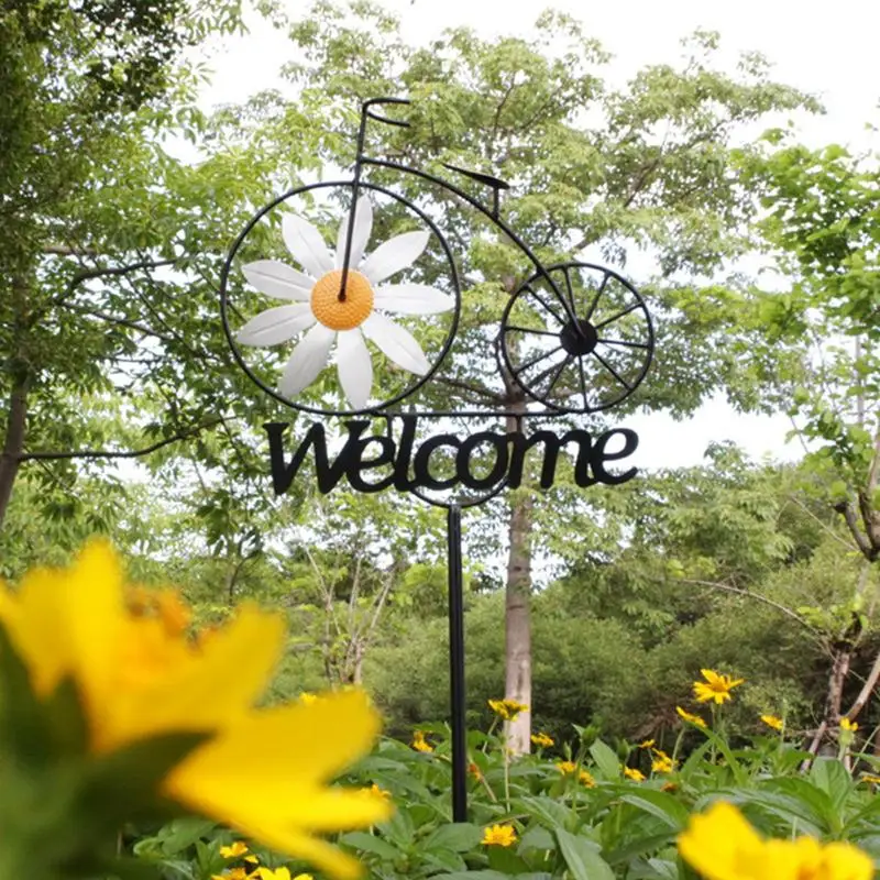 Outdoor Iron Sunflower Windmill Creative Garden Welcome Stake Ornament Bicycle Wind Spinners Garden Yard Lawn Windmill Decor