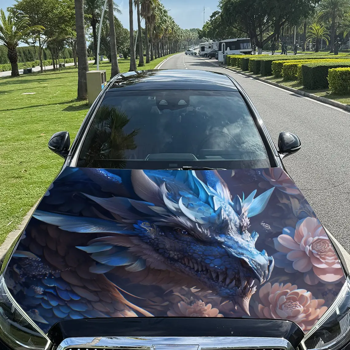 

Blue Dragon and Flower Car Vinyl Wrap, PVC Material Waterproof Car Hood Sticker, Self-Adhesive Scratch-Resistant Stickers for En