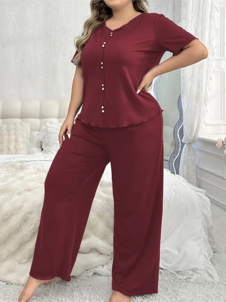 

Loose Pants Set For Women's Sleepwear Sets Round Sleeve Tops Wide Legs Long Pants Comfortable Home Clothes Pajamas Two Piece Set