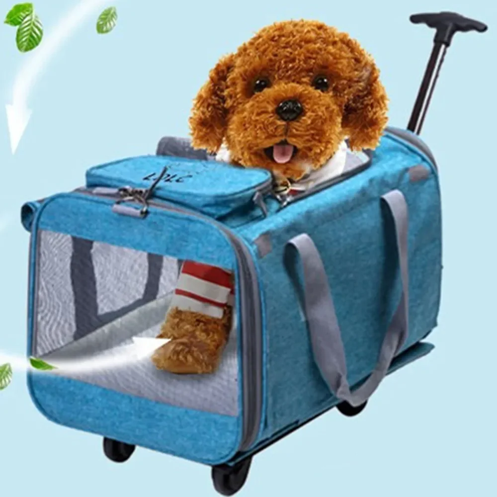 Detachable Foldable Pet Trolley Case Large Space Suitcase Cat Dog Shoulder Bag Handbag Travel Luggage Breathable Wheel Stroller